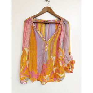 Hale Bob Chiffon Silk Top Beaded Multicolor Size Small